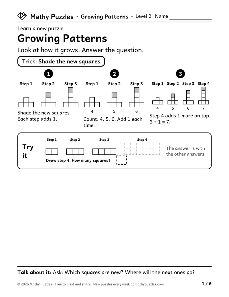 Growing Patterns, Level 2 Learn sheet with a worked example