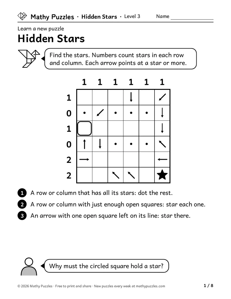 Hidden Stars, Level 3 Learn sheet with a worked example