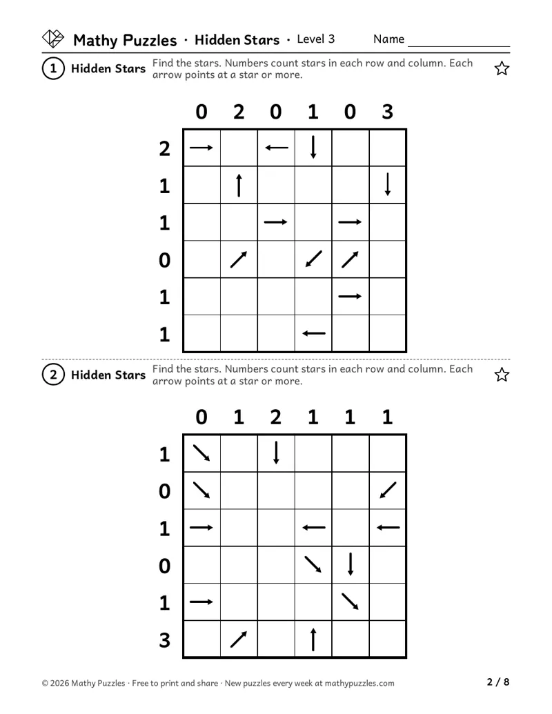 Hidden Stars, Level 3: two 6 × 6 grids with numbers along the top and side and arrows in some squares.