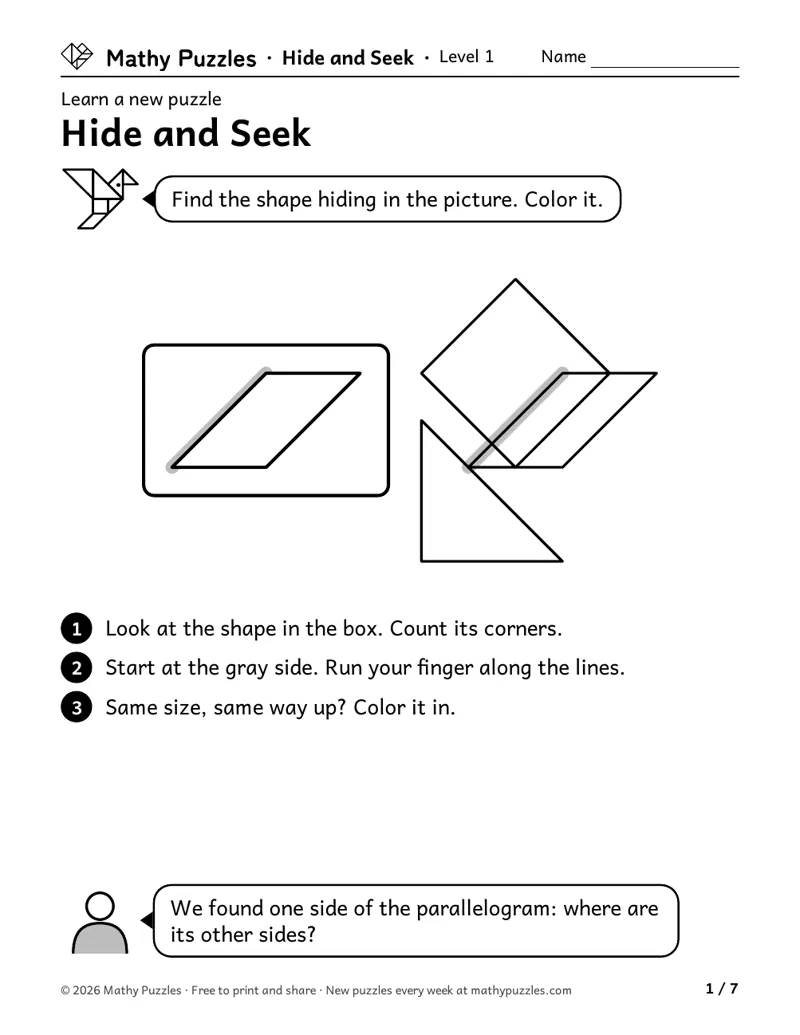 Hide and Seek, Level 1 Learn sheet with a worked example