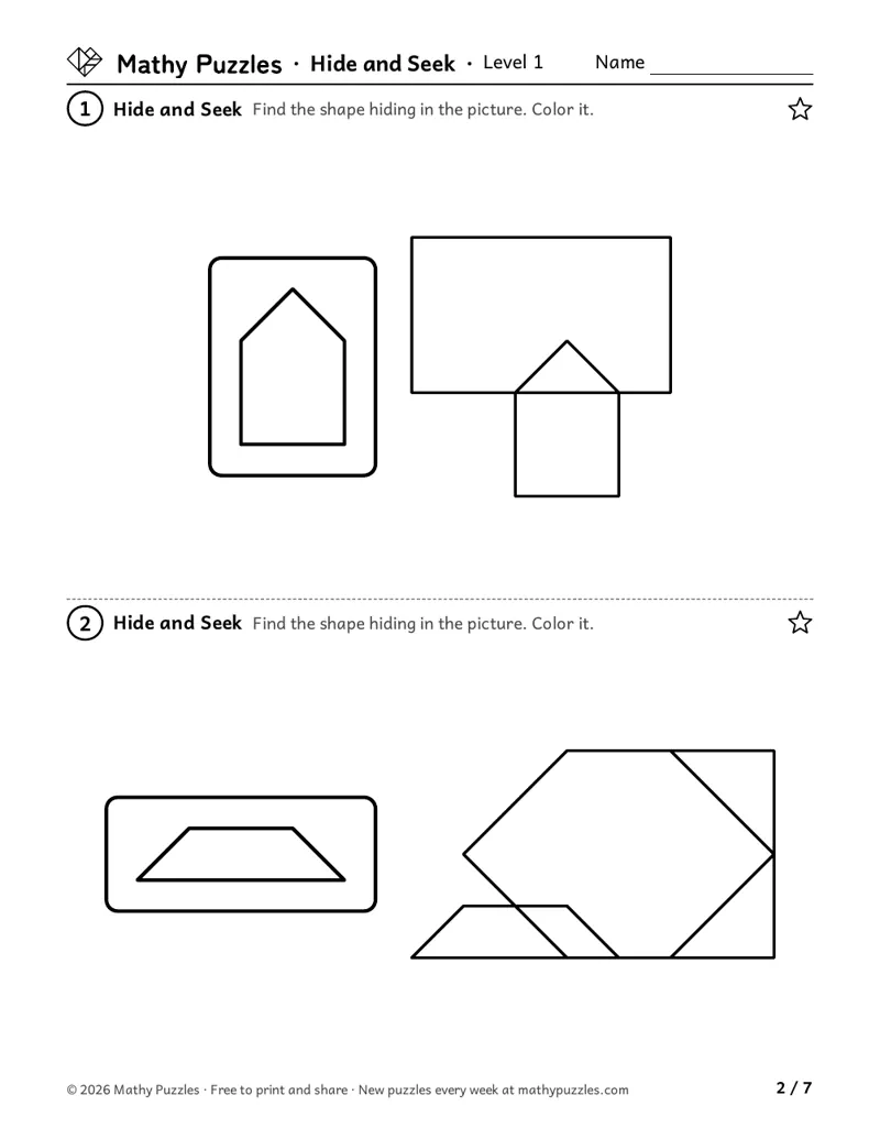 Hide and Seek, Level 1: two puzzles, each a shape in a box beside a simple drawing of a few overlapping shapes.