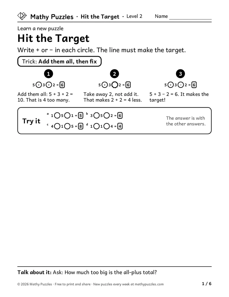 Hit the Target, Level 2 Learn sheet with a worked example