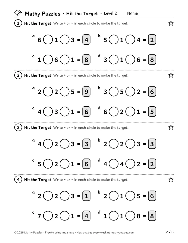 Hit the Target, Level 2: sixteen number sentences of three small numbers with empty circles between them and a target total.