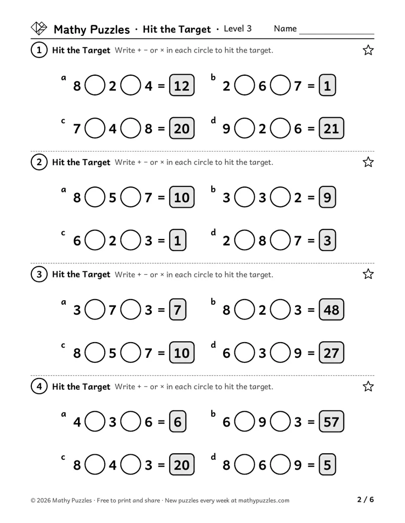Hit the Target, Level 3: sixteen number sentences of three numbers with empty circles for +, − or × and a target.