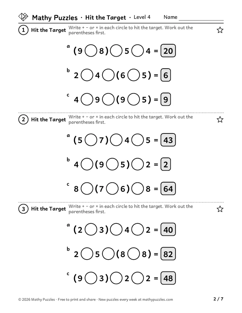 Hit the Target, Level 4: nine number sentences with parentheses printed, empty circles for the signs and a target.