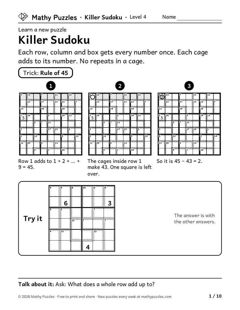Killer Sudoku, Level 4 Learn sheet with a worked example