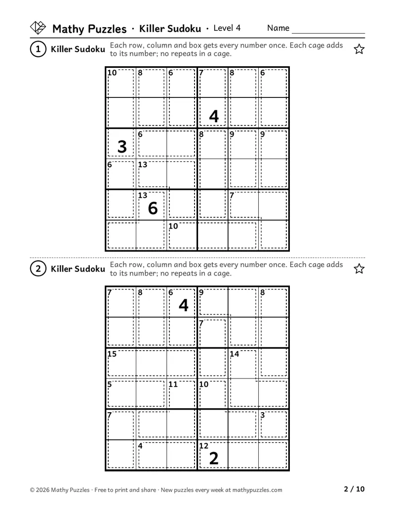 Killer Sudoku, Level 4: two 6 × 6 grids divided into dashed cages, each cage with a small total, and a few numbers printed.