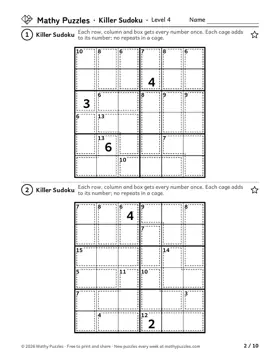 Killer Sudoku, Level 4: a page from the free set