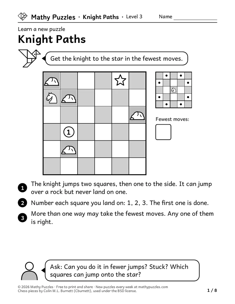 Knight Paths, Level 3 Learn sheet with a worked example