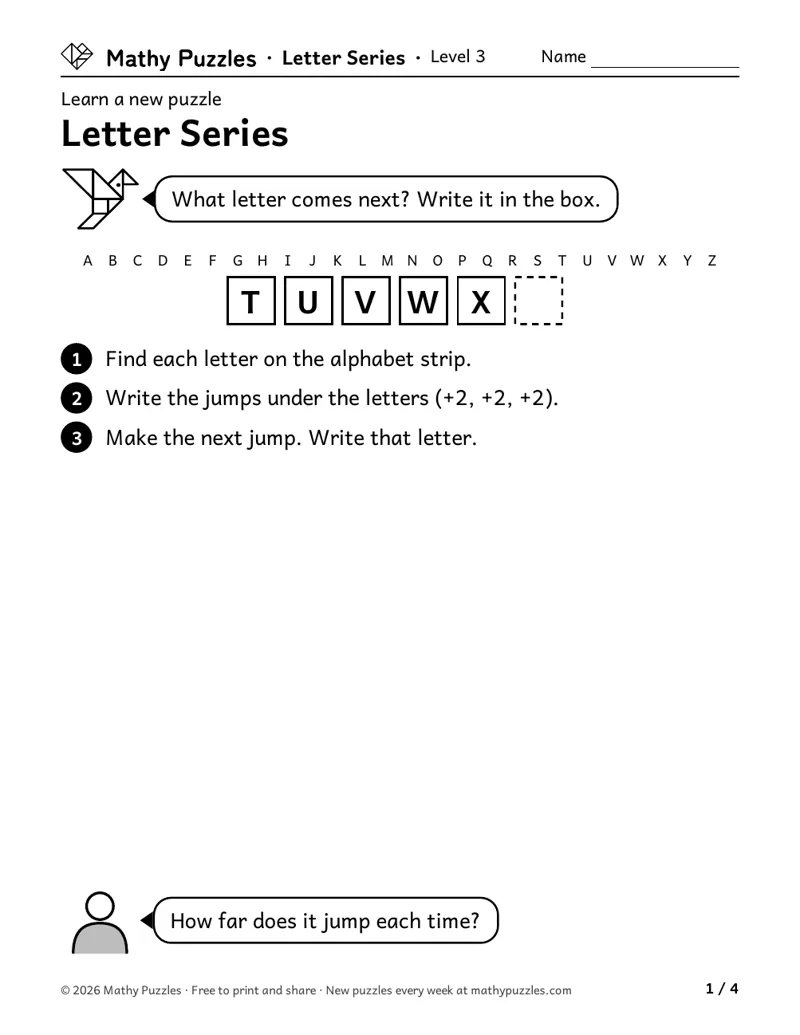 Letter Series, Level 3 Learn sheet with a worked example