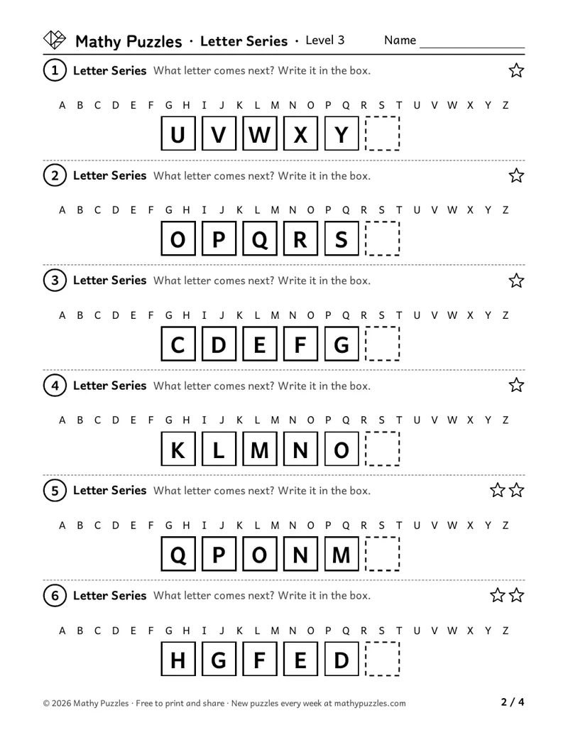 Letter Series, Level 3: six rows of letters under an alphabet strip, each with an empty box for the next letter.