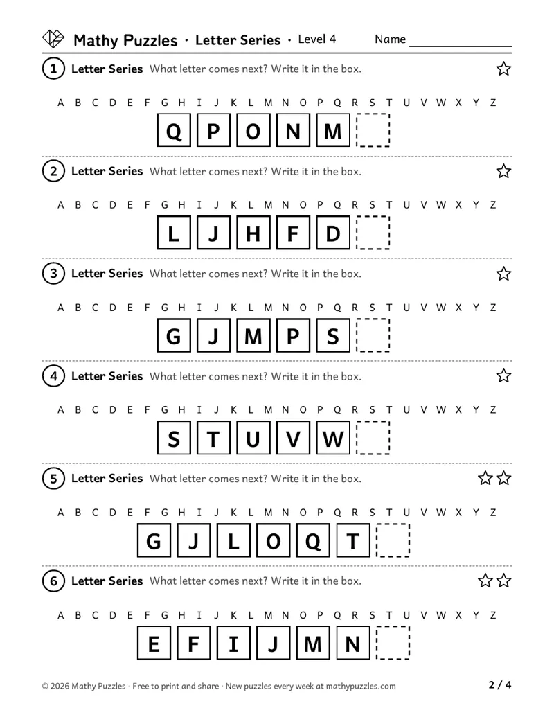Letter Series, Level 4: six rows of letters, some jumping forward and some back, under an alphabet strip, each with an empty box.