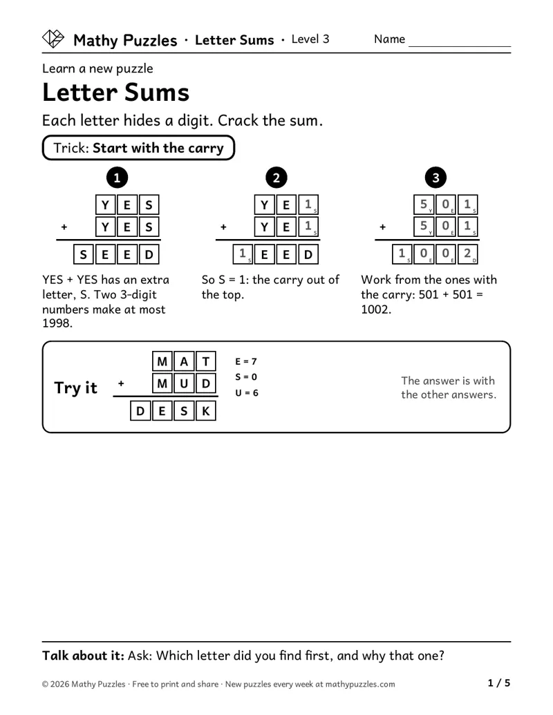 Letter Sums, Level 3 Learn sheet with a worked example