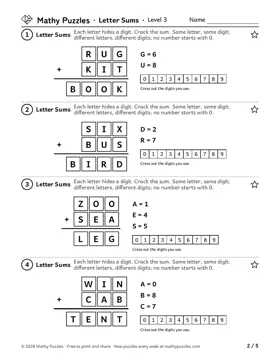 Letter Sums, Level 3: a page from the free set