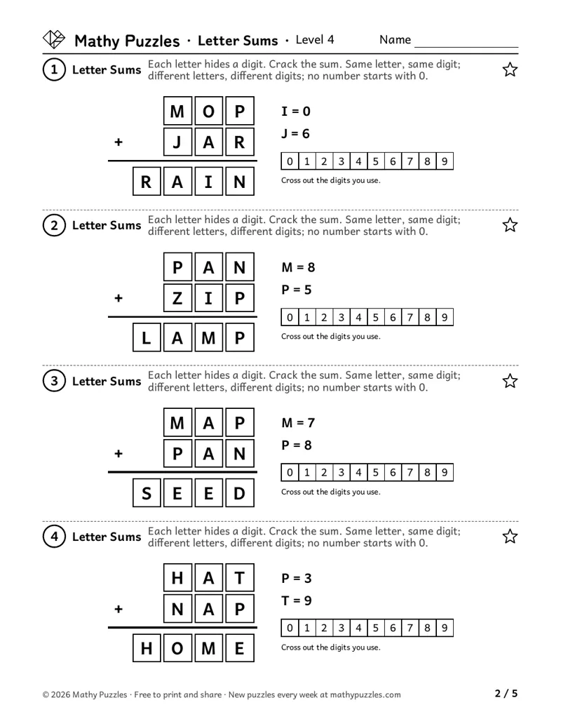 Letter Sums, Level 4: four additions of 3-letter words making 4-letter words, each with two letters given and a 0 to 9 strip.