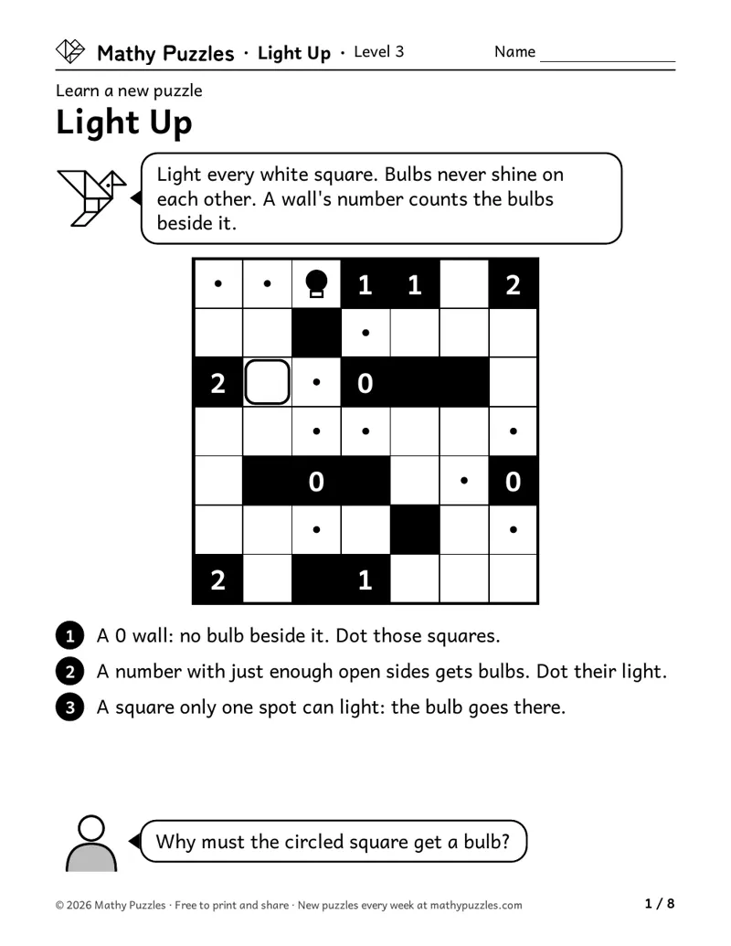 Light Up, Level 3 Learn sheet with a worked example