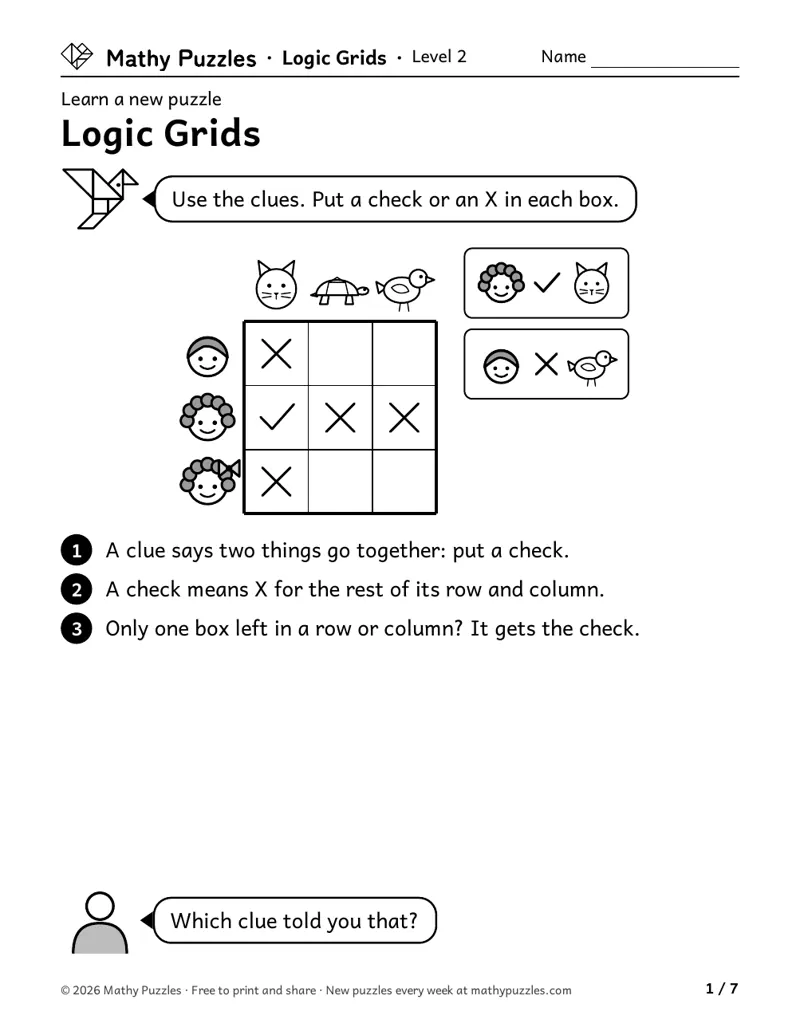 Logic Grids, Level 2 Learn sheet with a worked example