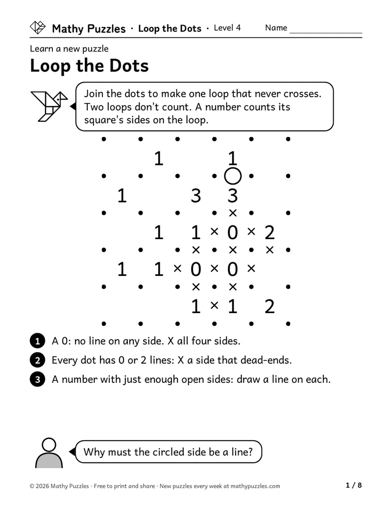 Loop the Dots, Level 4 Learn sheet with a worked example