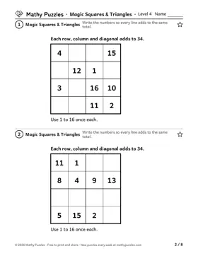 Magic Squares & Triangles, Level 4: a page from the free set