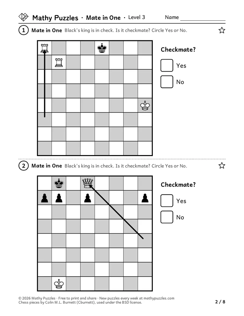 Mate in One, Level 3: two chess boards with an arrow showing White's check, each asking whether it is checkmate, with Yes and No boxes.