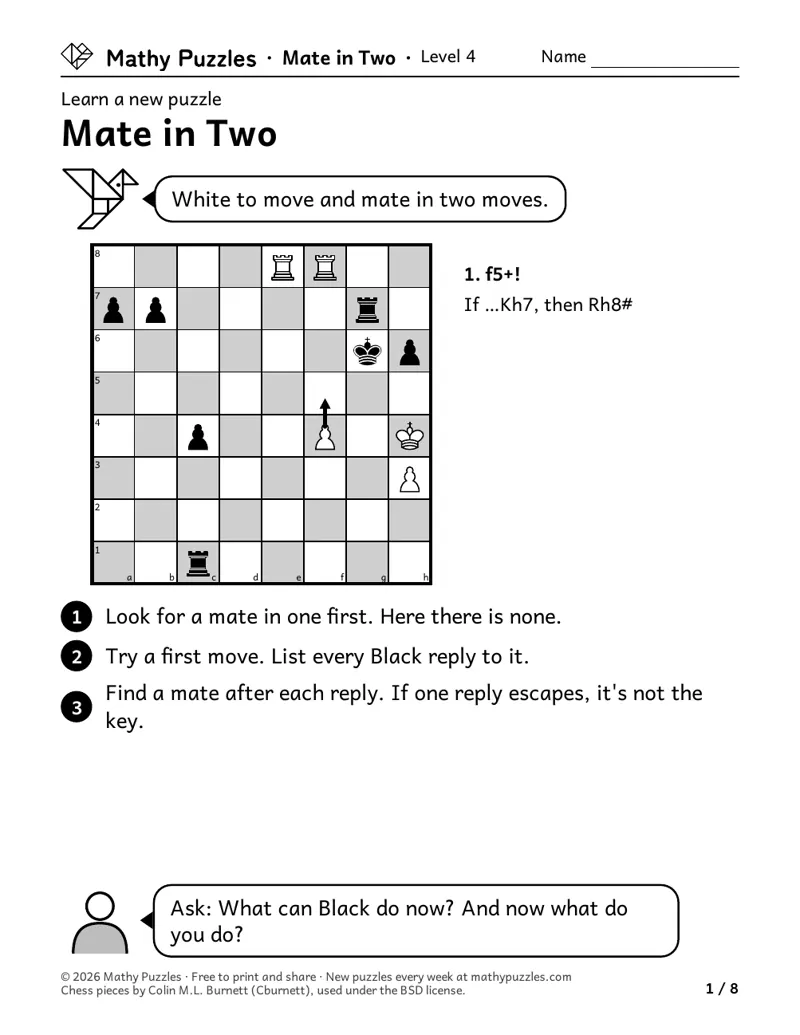 Mate in Two, Level 4 Learn sheet with a worked example