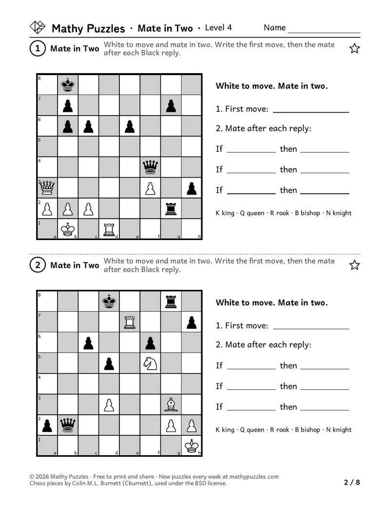 Mate in Two, Level 4: two full chess positions, White to move, each with lines to write the first move and the mate after each Black reply.