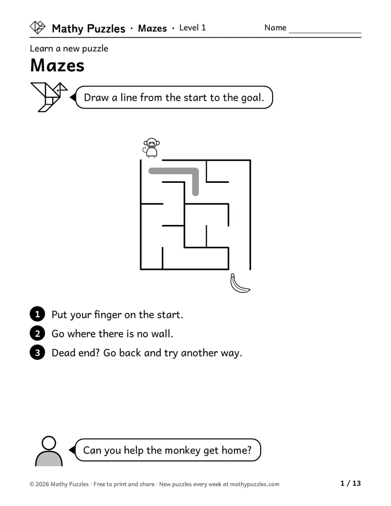 Mazes, Level 1 Learn sheet with a worked example