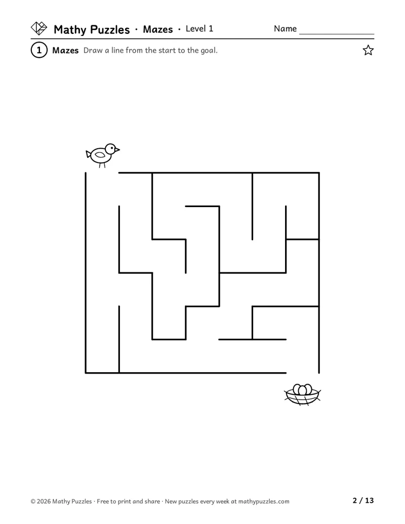 Mazes, Level 1: a small square maze with wide paths, a picture at the start and a picture at the goal.