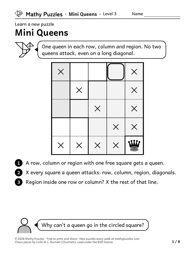 Mini Queens, Level 3 Learn sheet with a worked example