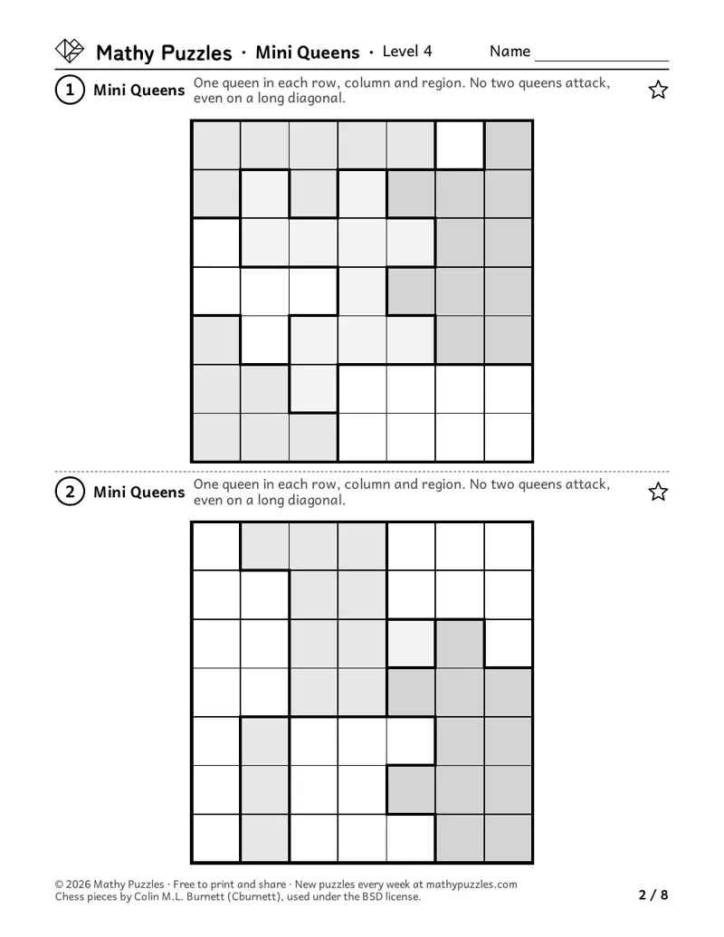 Mini Queens, Level 4: two 7 × 7 boards divided into outlined regions, with no queens placed yet.