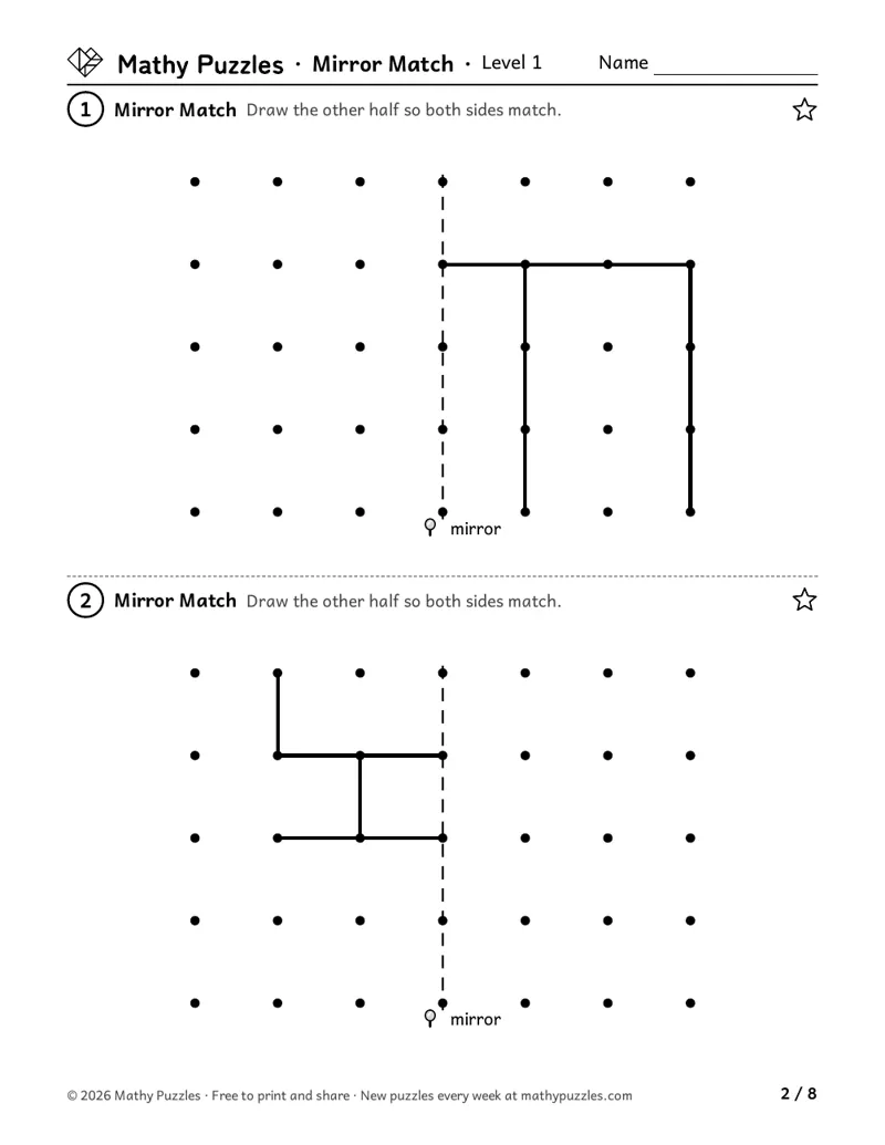 Mirror Match, Level 1: two dot grids, each with half a picture of straight lines beside an up-and-down mirror line.