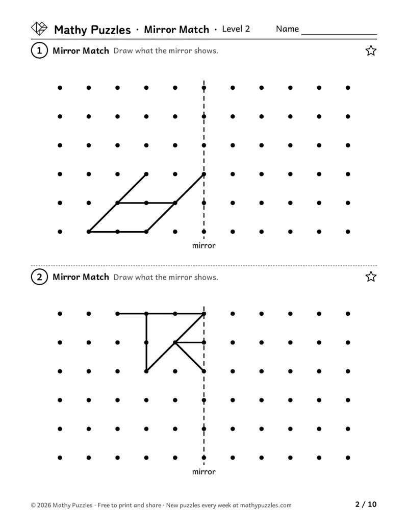 Mirror Match, Level 2: two dot grids, each with half a picture with slanted lines beside an up-and-down mirror line.
