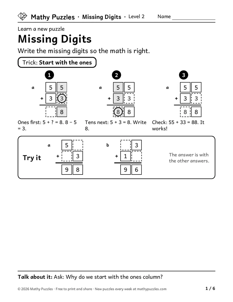 Missing Digits, Level 2 Learn sheet with a worked example