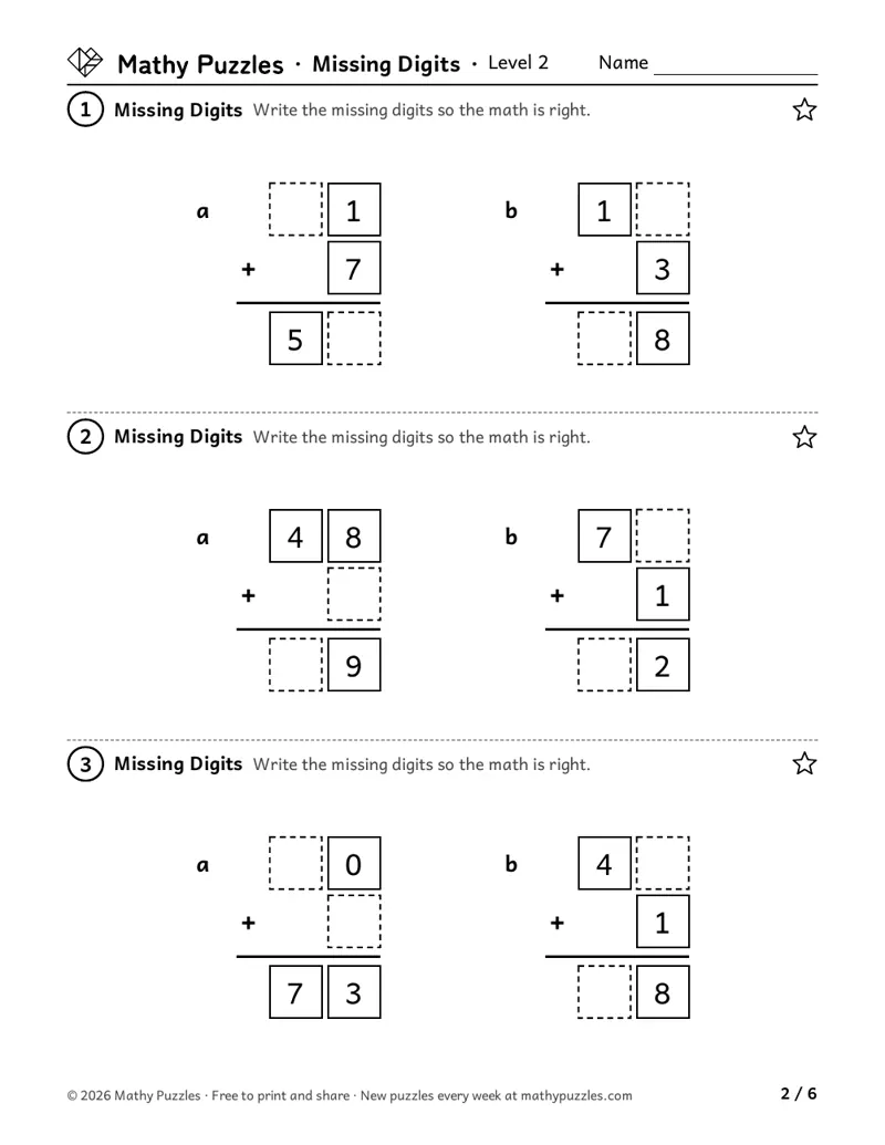 Missing Digits, Level 2: six additions of a 2-digit and a 1-digit number written in columns, with empty boxes for some digits.