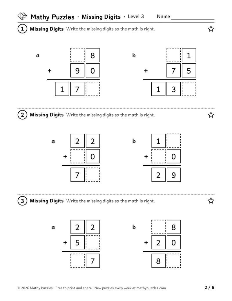 Missing Digits, Level 3: six 2-digit + 2-digit additions written in columns, with empty boxes for some digits.