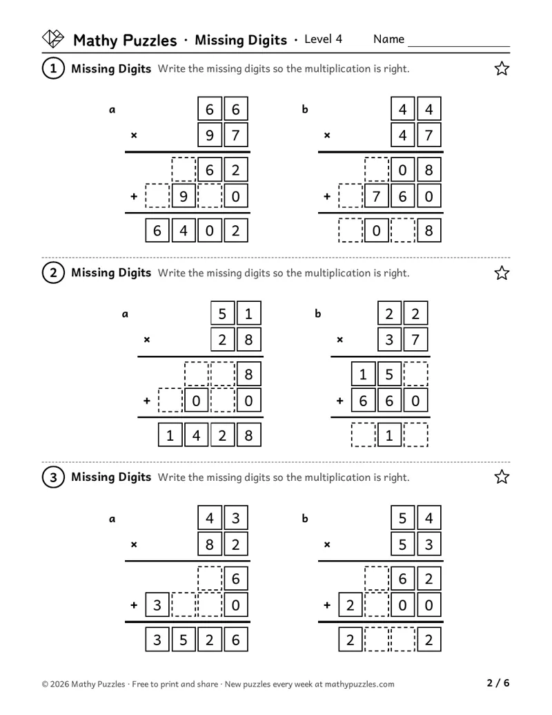Missing Digits, Level 4: six 2-digit by 2-digit long multiplications, with empty boxes for some digits in the rows and the total.