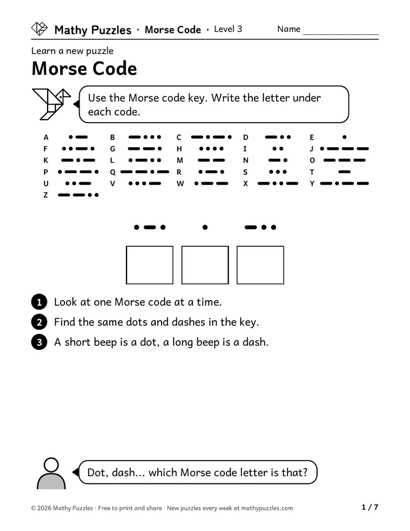 Morse Code, Level 3 Learn sheet with a worked example