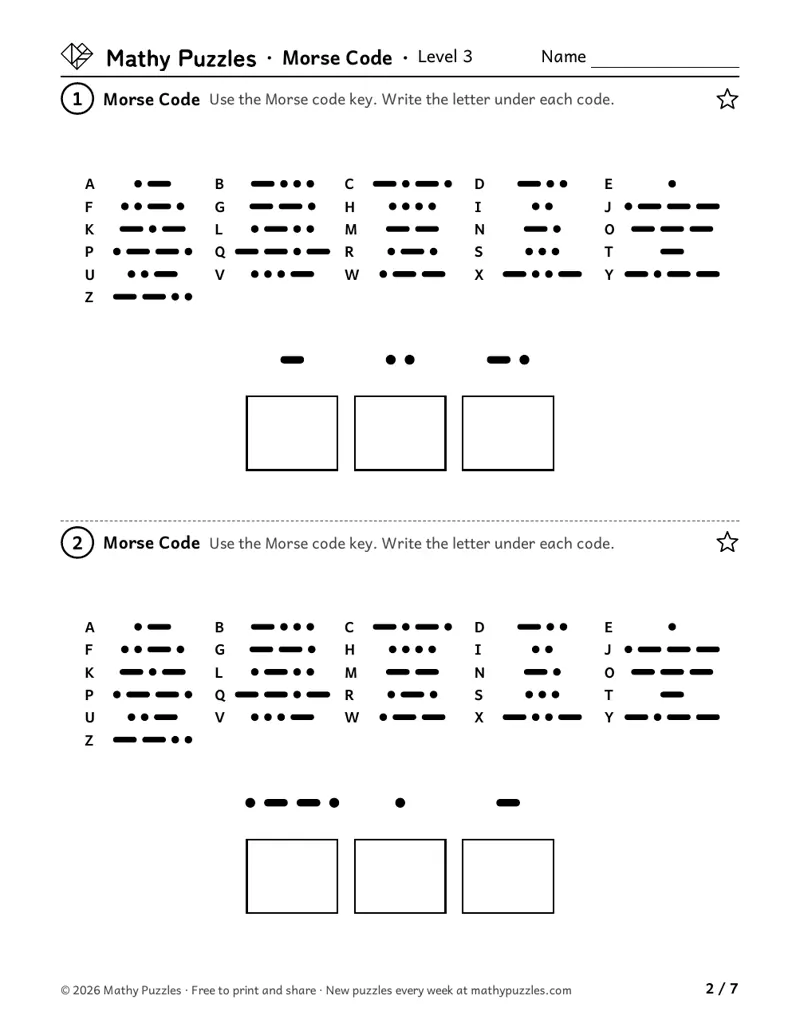 Morse Code, Level 3: two puzzles, each a key of letters and their dot-and-dash codes above a 3-letter coded word with boxes for the letters.