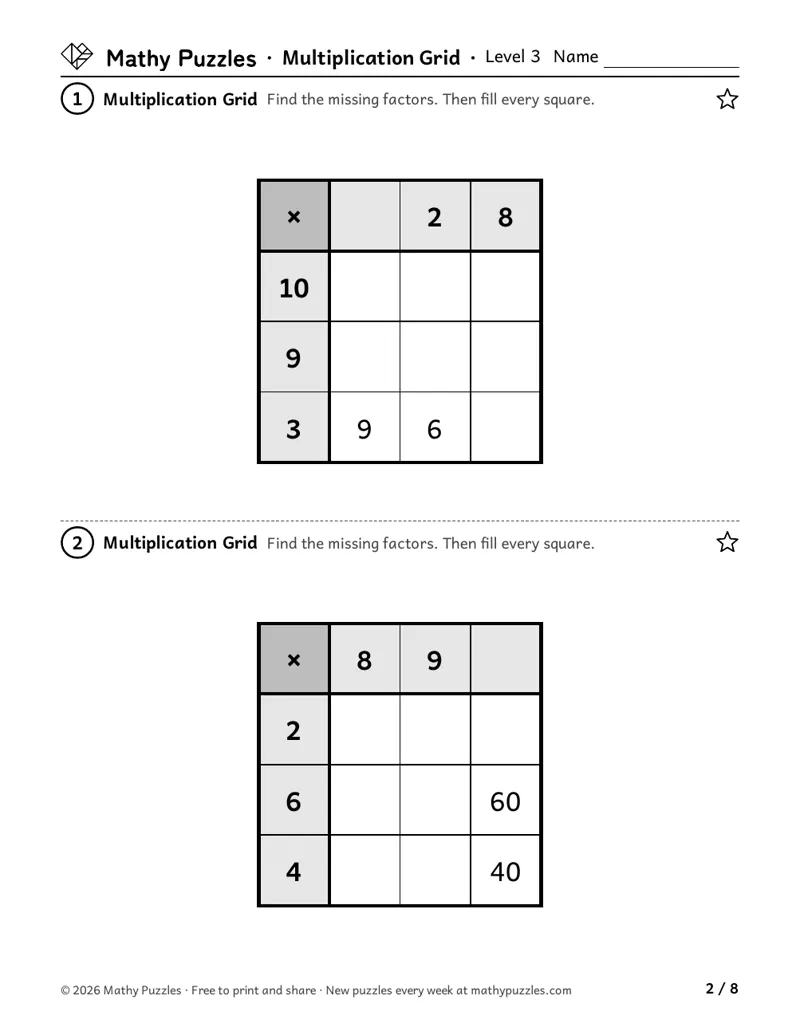 Multiplication Grid, Level 3: two 3 × 3 times tables with gray factor squares, some factors and answers missing.
