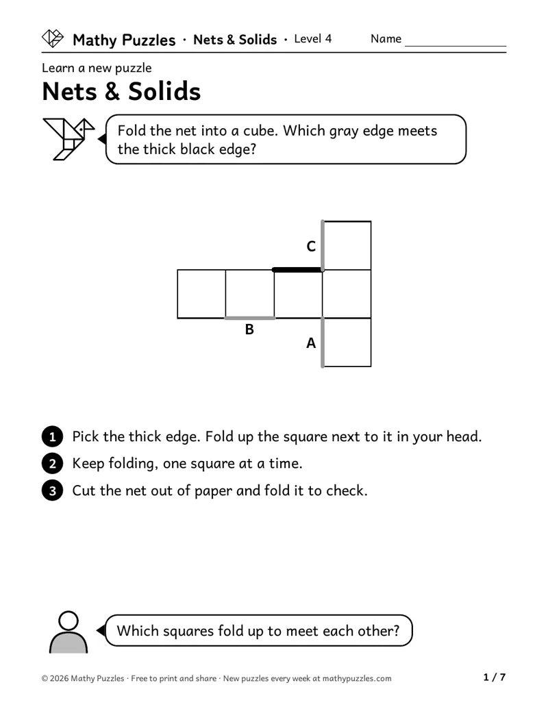 Nets & Solids, Level 4 Learn sheet with a worked example