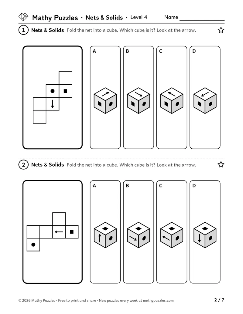 Nets & Solids, Level 4: two cube nets marked with an arrow, a dot and a square, each with 4 drawn cubes to choose from.
