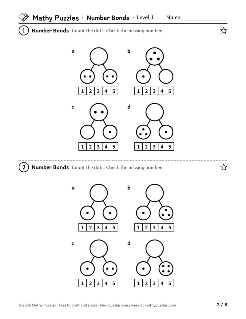 Number Bonds, Level 1: eight number bonds with dots in some circles and one circle empty, each with a 1 to 5 strip to check the missing number.