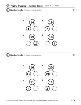 Number Bonds, Level 2: a page from the free set