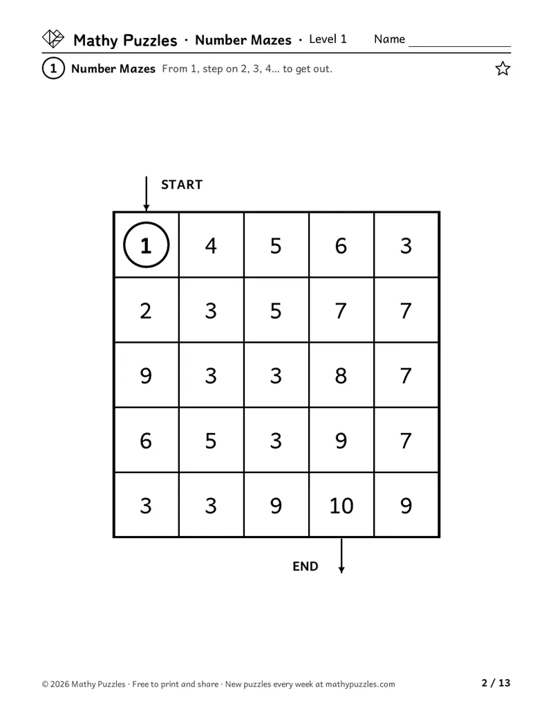 Number Mazes, Level 1: a 5 × 5 grid of numbers with START and END, to step from 1 to 2, 3, 4 and on to get out.