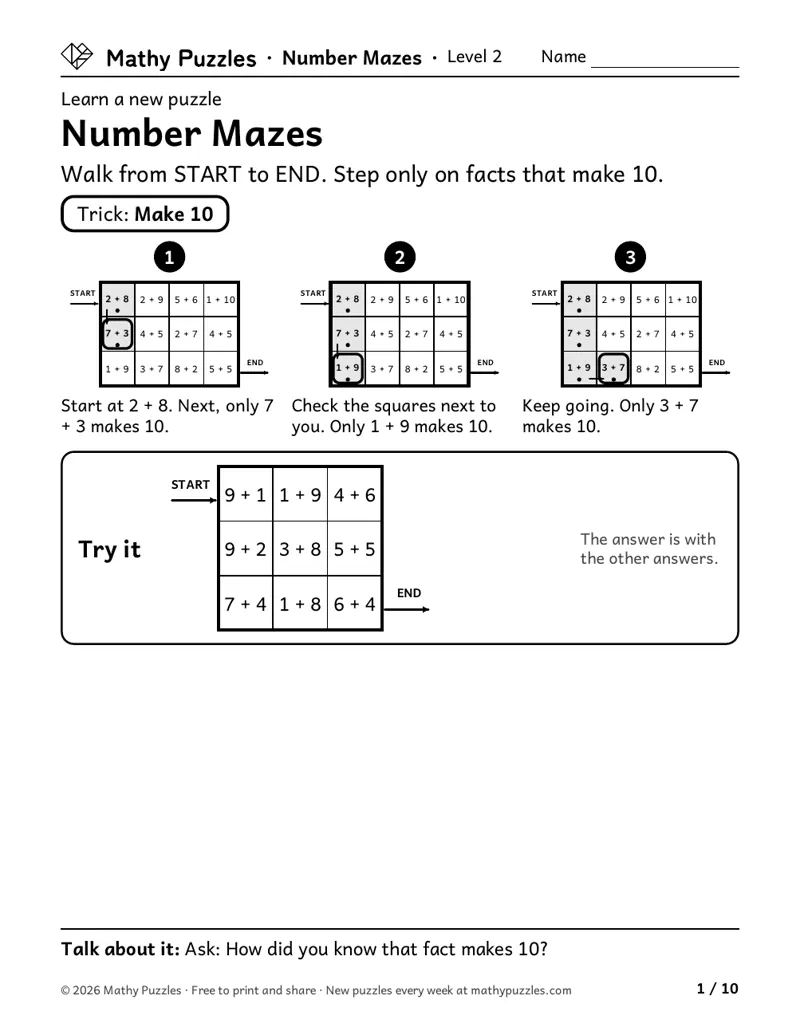 Number Mazes, Level 2 Learn sheet with a worked example