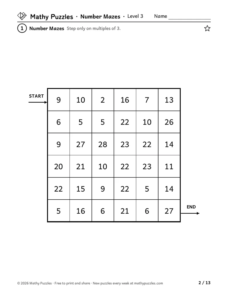 Number Mazes, Level 3: a 6 × 6 grid of numbers with START and END, to step only on multiples of one number, such as 3.