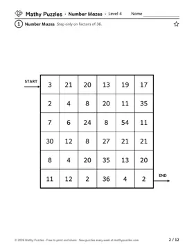 Number Mazes, Level 4: a page from the free set