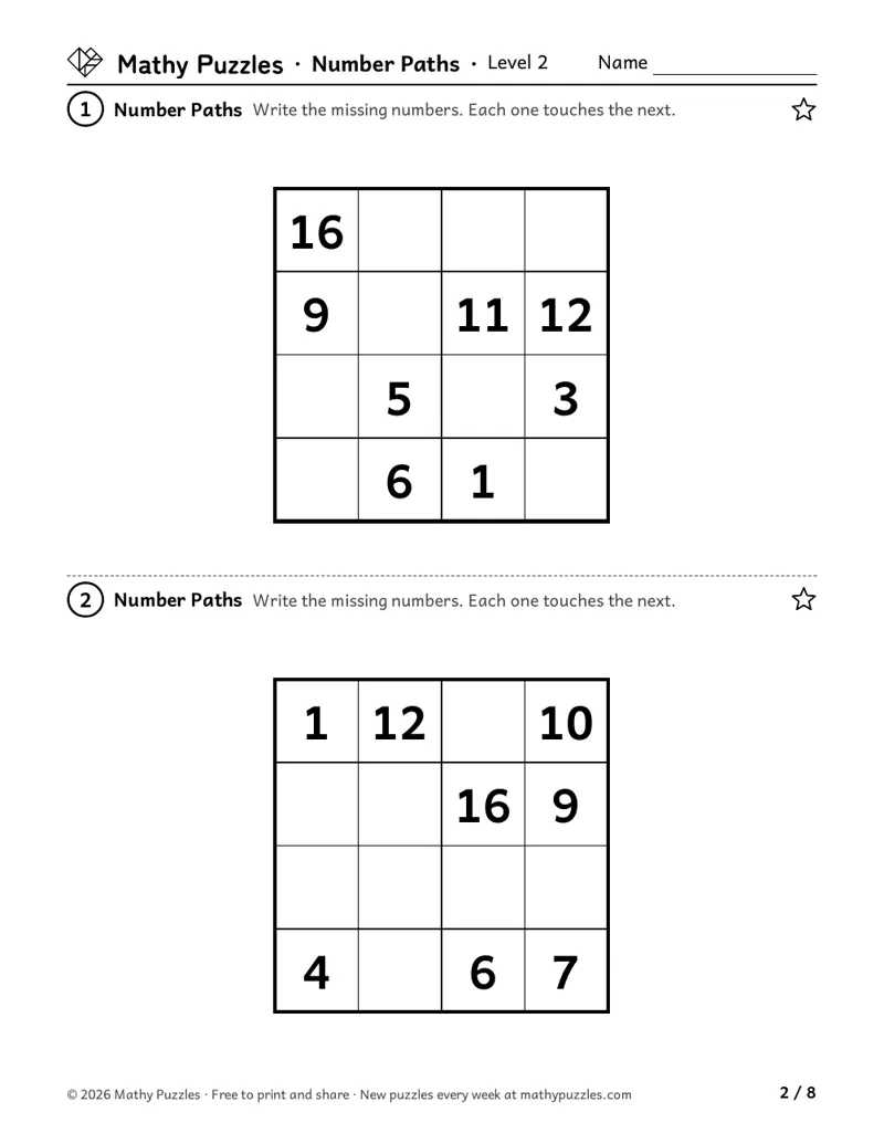 Number Paths, Level 2: two 4 × 4 grids with some of the numbers 1 to 16 written in.