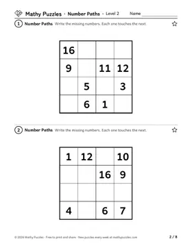 Number Paths, Level 2: a page from the free set