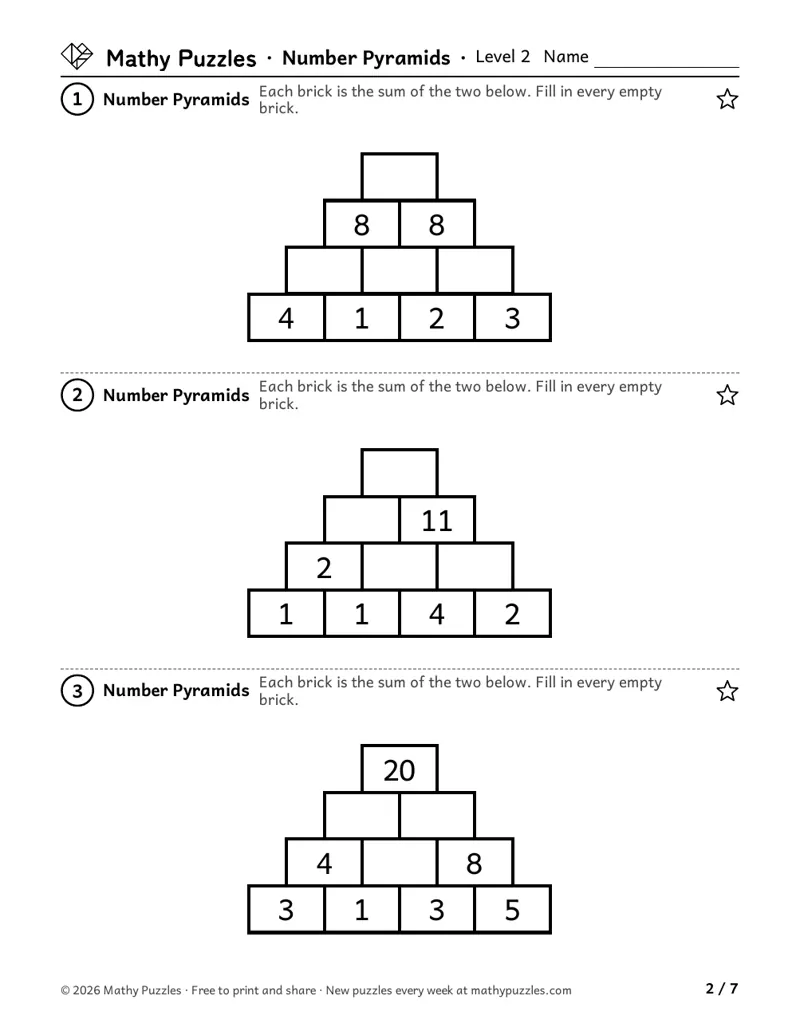 Number Pyramids, Level 2: three pyramids of 4 rows with the bottom row of small numbers and a few bricks above filled in.